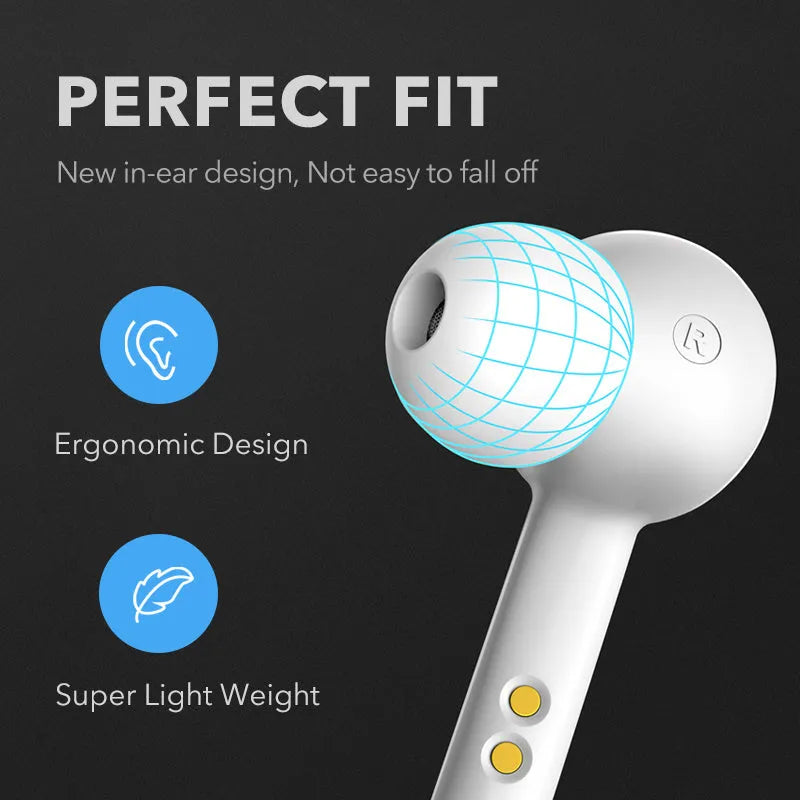 Black plastic TWS wireless earbuds with Bluetooth 5.0 and IPX5 waterproof rating.