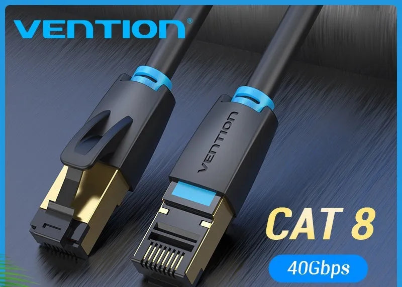 CAT8 shielded flat and round network cables with RJ45 connectors in various lengths from 0.5 to 10 metres