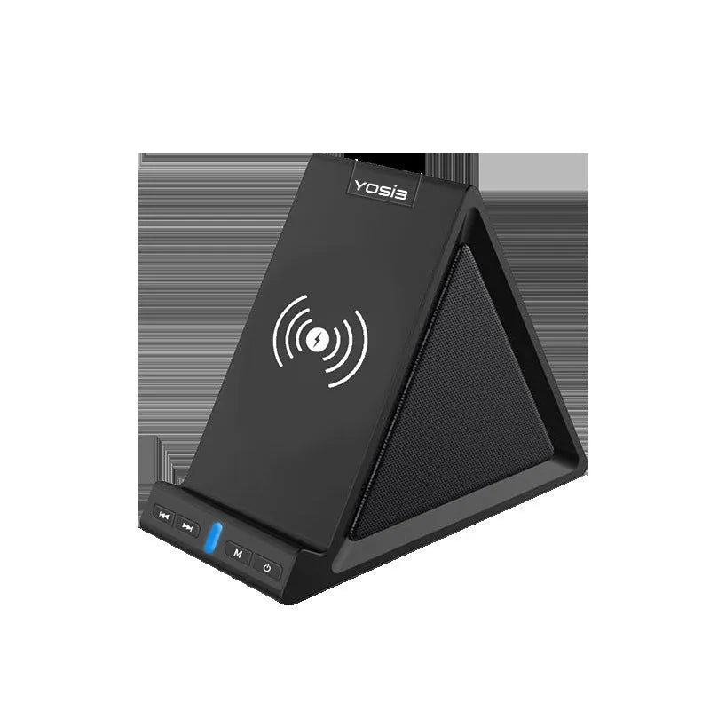 Black multifunctional Bluetooth speaker and power bank unit with integrated mobile phone stand.