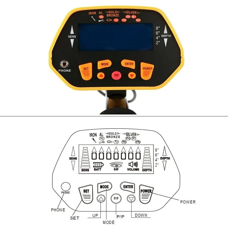 Black and yellow GC1028 professional metal detector with LCD screen and adjustable pole.