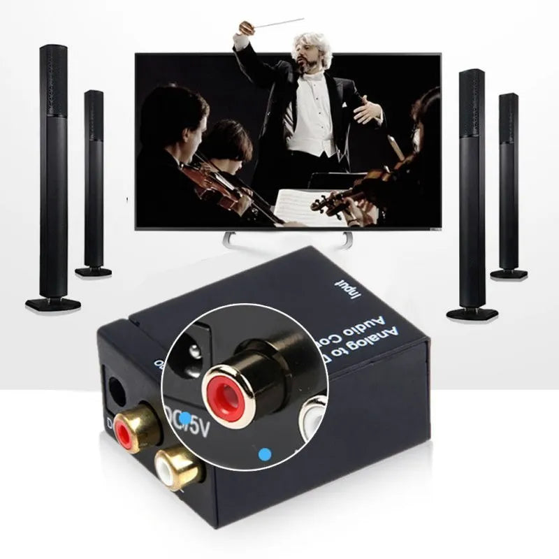 Black digital to analogue audio converter with Toslink and RCA inputs for DVD and AV systems.