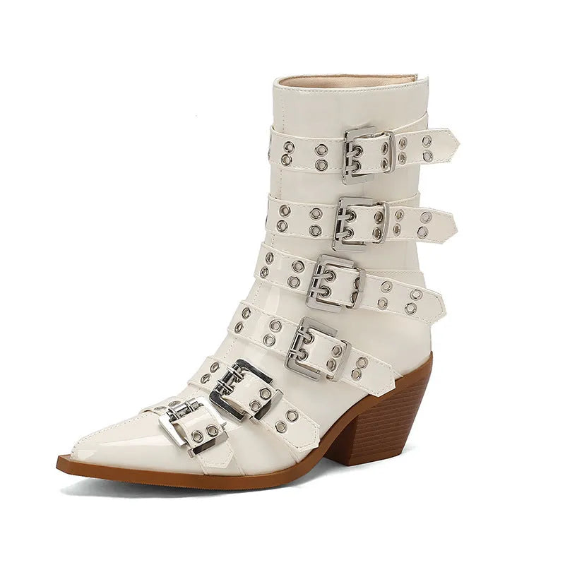 Autumn winter pointed knight women's boots with belt buckle, black patent leather, plus sizes
