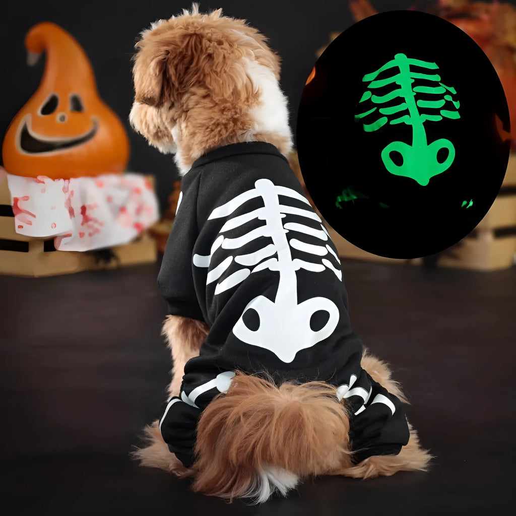 Halloween pet clothing with luminous skull bones pattern on four-legged dog costume