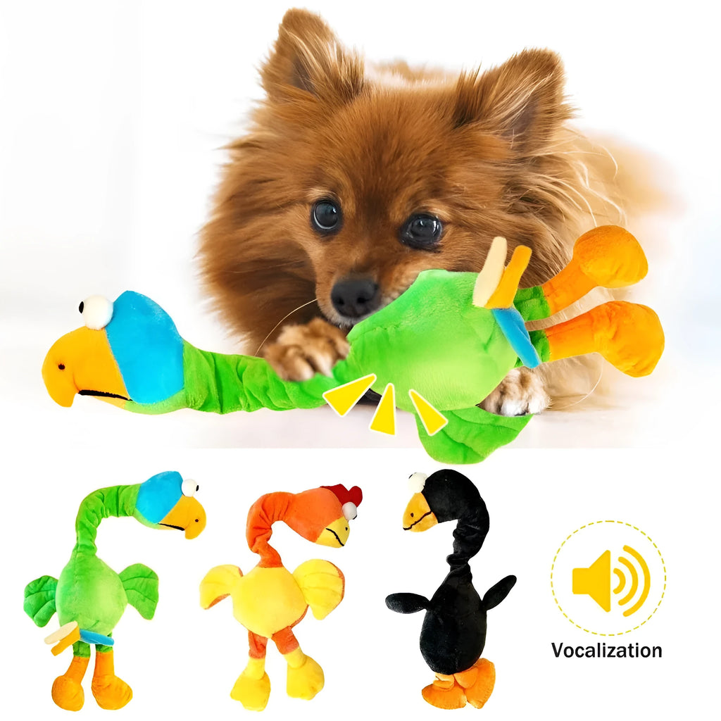 Black, green, and orange screaming chicken sound squeaky dog chew toy.