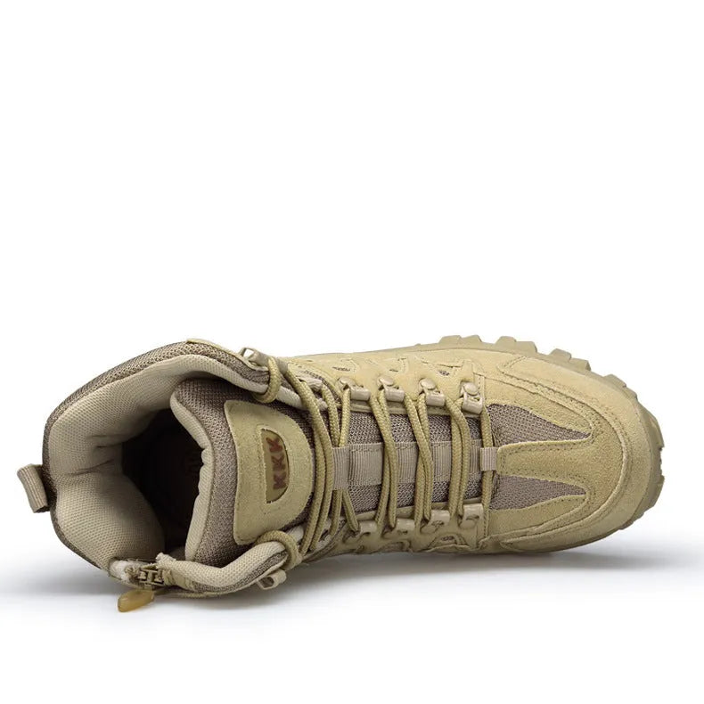 Men's black US Army Delta tactical-style boots with rubber sole on rocky outdoor ground.
