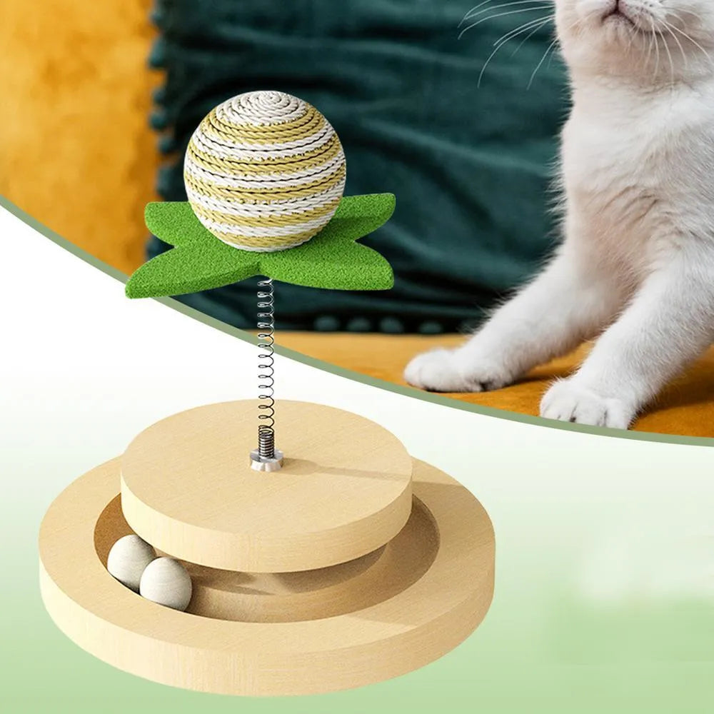 Green sisal cat toy with two-layer ball track and rotating spring ball mechanism