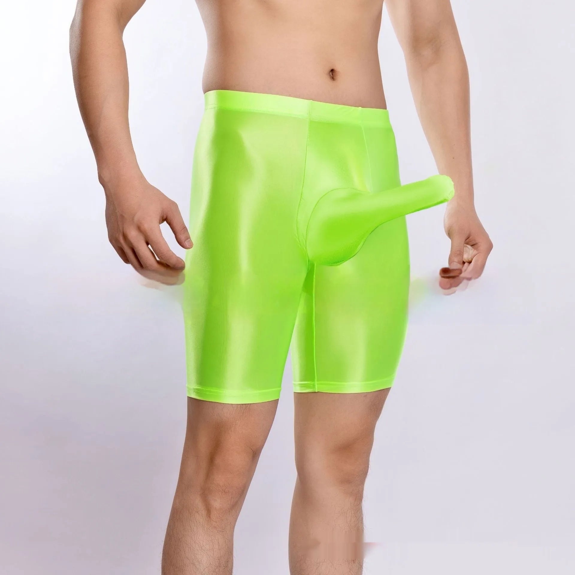 Plus size men's shiny silky sports shorts in multiple colours including fluorescent green