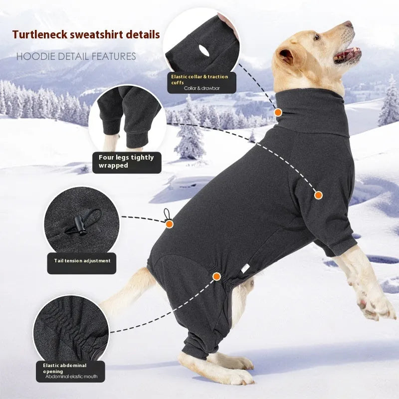 Dark grey polar fleece four-legged dog clothes with high collar for winter cold protection