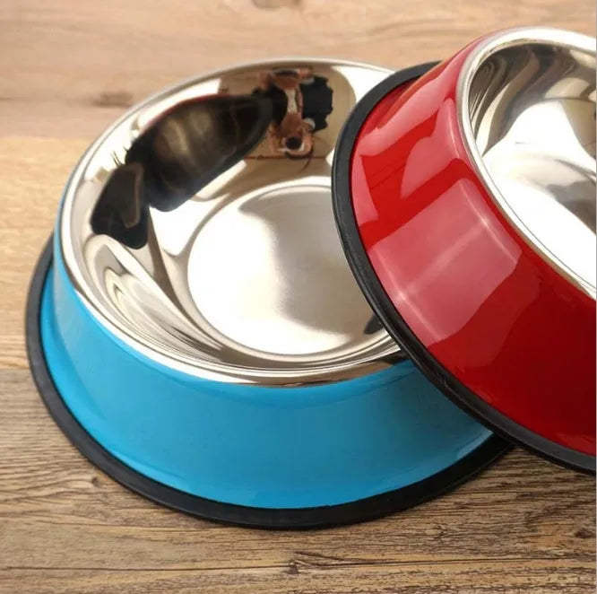 Stainless steel pet bowl with colourful melamine exterior and non-slip rubber base