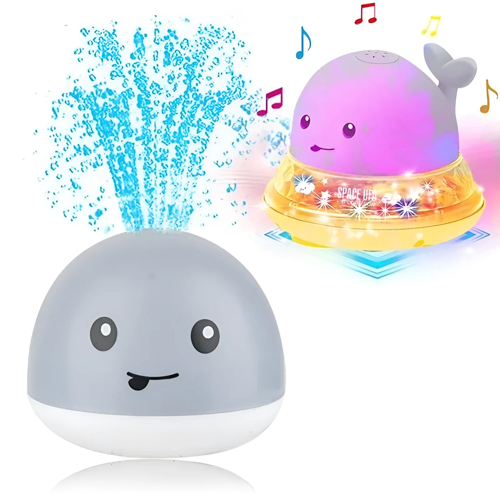Whale-shaped electric bath toy with automatic water spray, LED lights, and music functions for baby sensory development