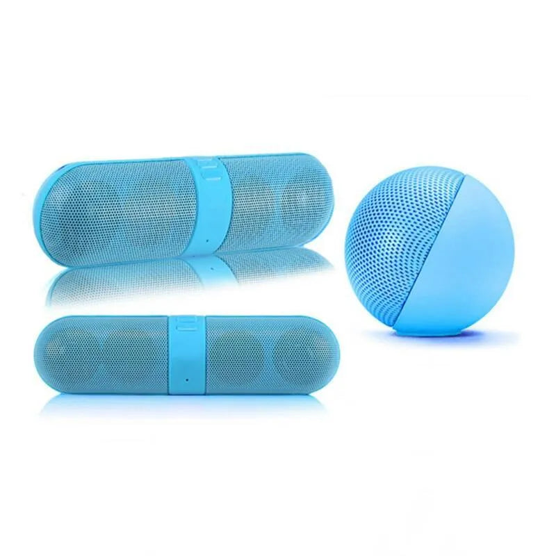 Portable pill Bluetooth audio speaker in blue with button controls and plastic shell