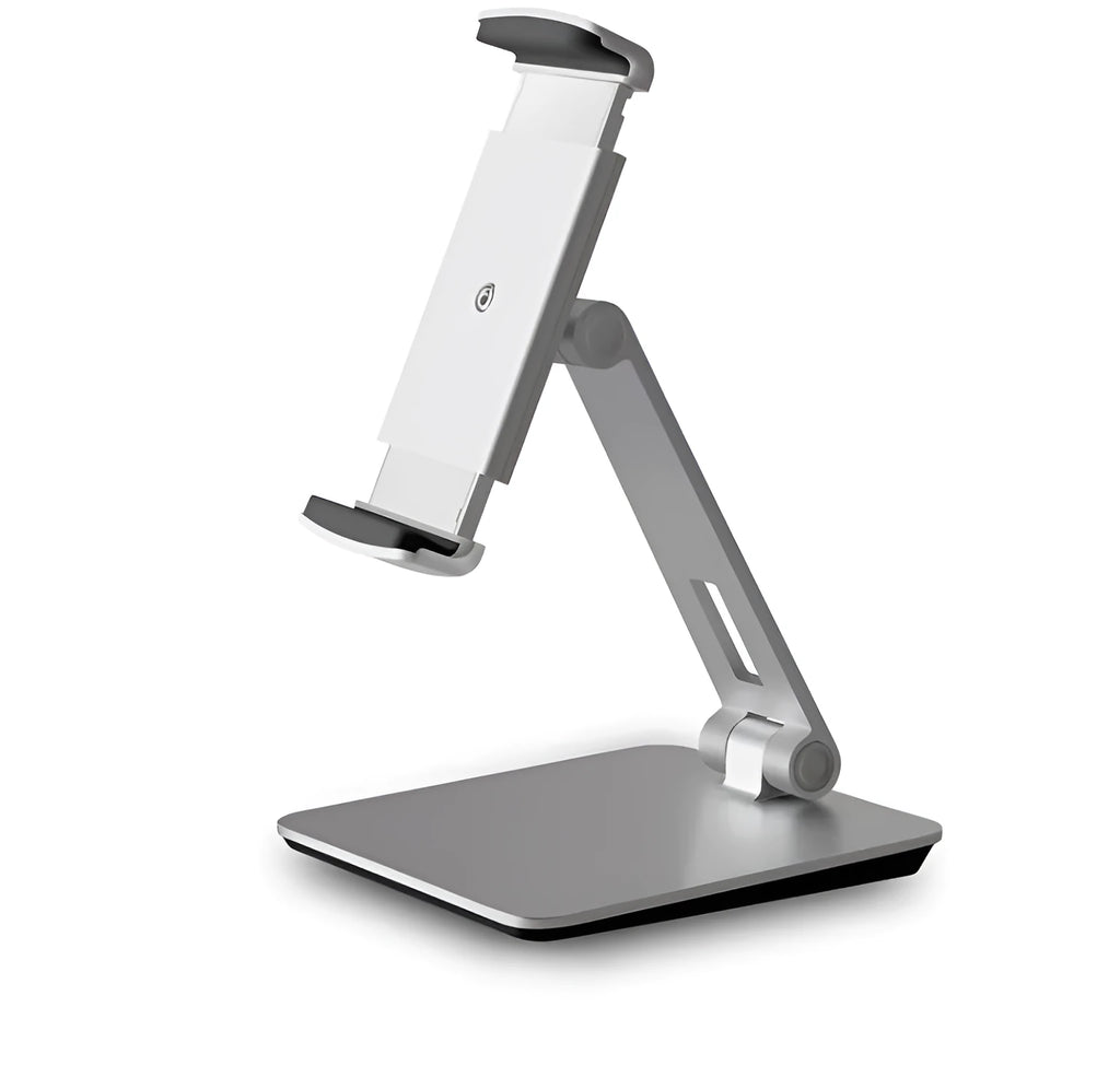 Silver foldable aluminium phone tablet stand with 360-degree rotating bracket on a desktop.