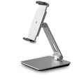 Silver foldable aluminium phone tablet stand with 360-degree rotating bracket on a desktop.