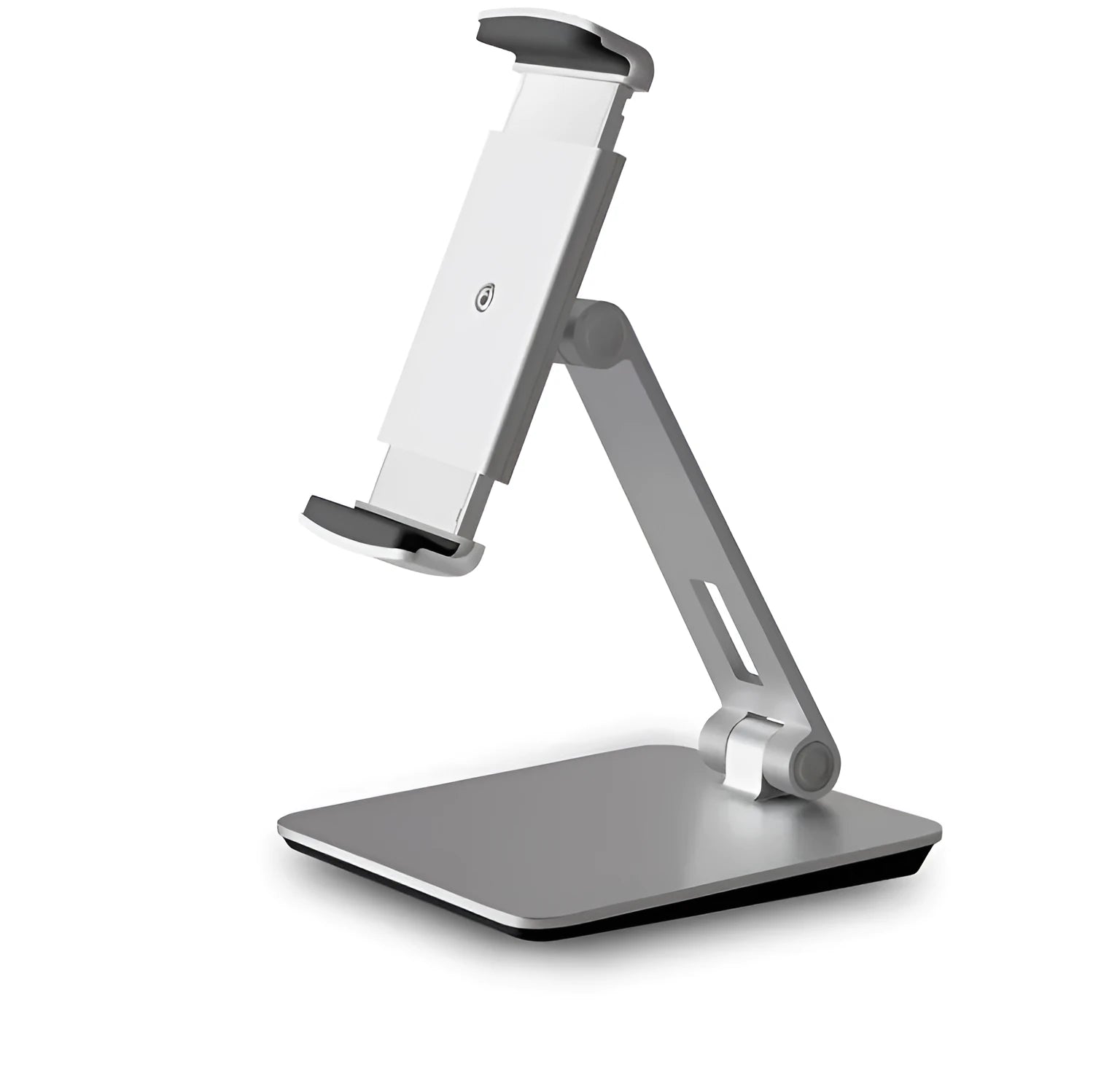 Silver foldable aluminium phone tablet stand with 360-degree rotating bracket on a desktop.