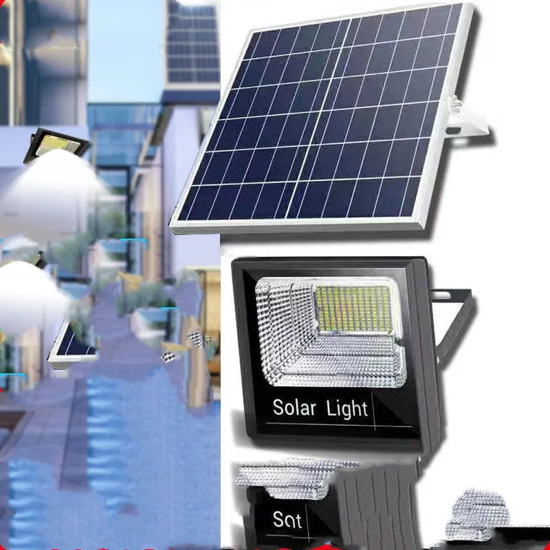 Black solar powered outdoor flood light with LED panels and remote control on a garden wall.
