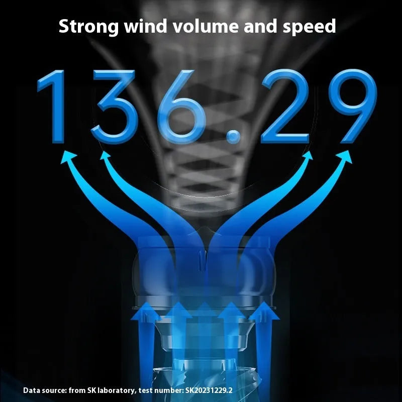 White bladeless tower fan with touch screen display and remote control on a desk.