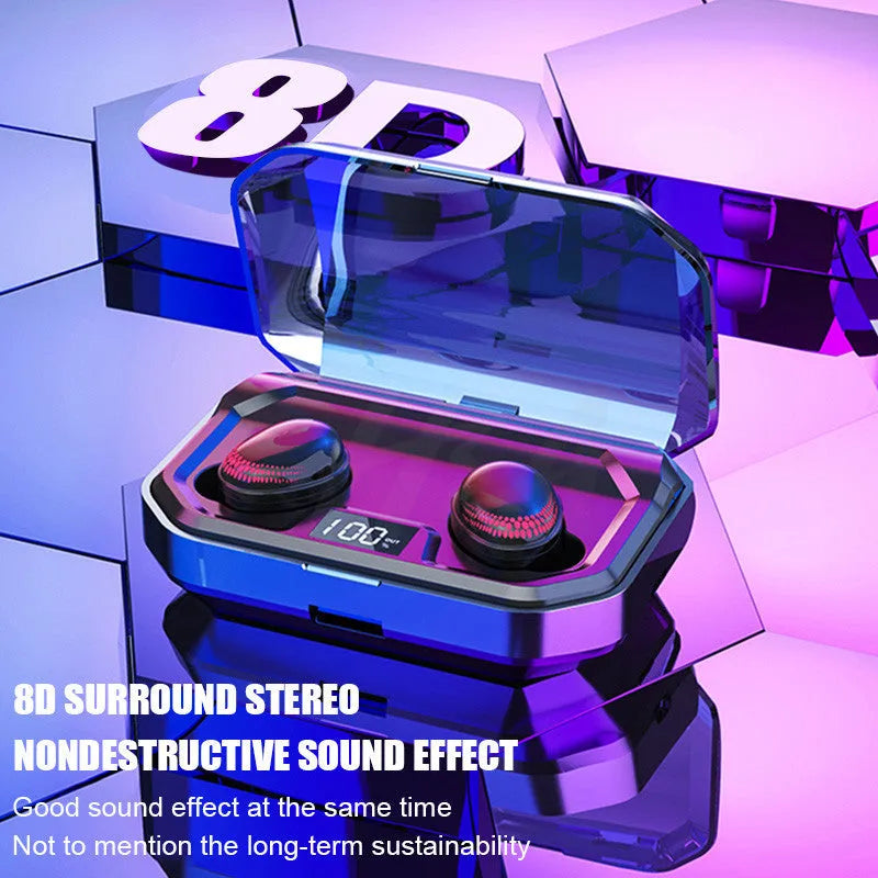 Black X10 Bluetooth wireless headset and charging case on a solid colour background.
