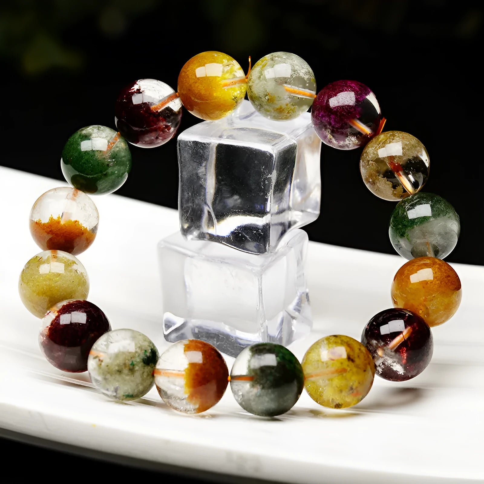 Crystal ethnic style bracelet with 10mm colourful ghost cornucopia beads in a ball bracelet design