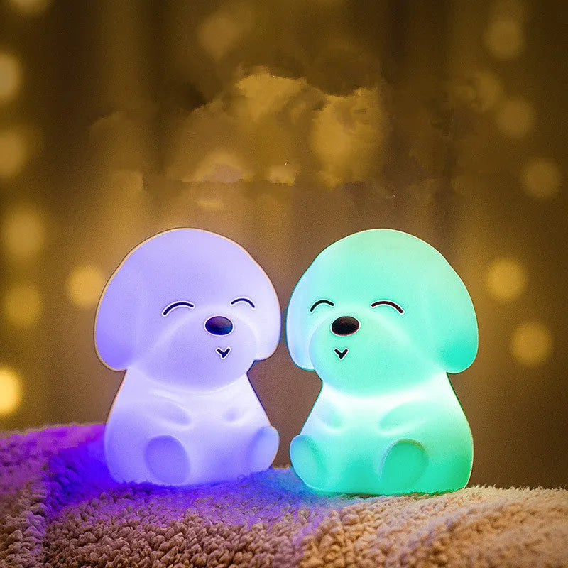 White LED puppy night light with silicone shade on a table in a corridor for soft glow