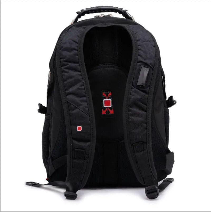 Black 38-litre business laptop backpack open to show multiple organisational compartments.