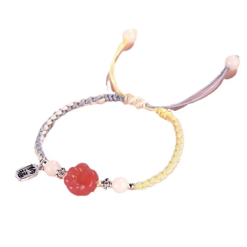 Red cat's paw woven bracelet for couples with glass charm in pastoral style