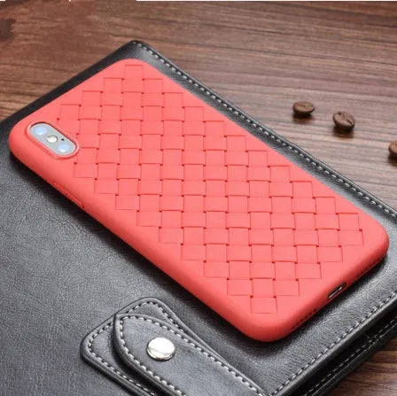 Luxury grid weaving patterned TPU phone case for iPhone shown in available colours with hollow cooling design.