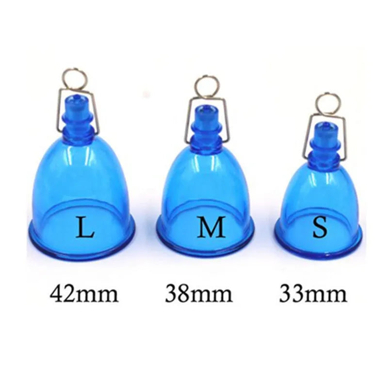 Blue silicone male physical stretch exerciser showing S, M, L size options