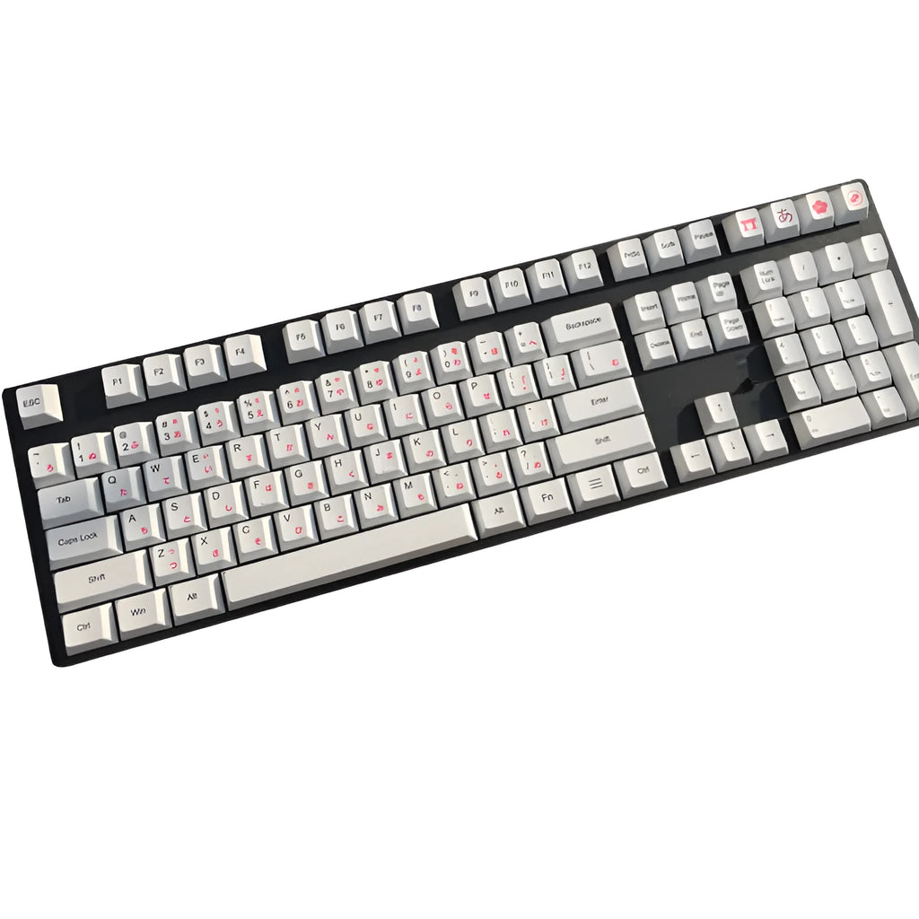 Set of PBT keyboard keycaps with Japanese, Russian, and Korean thermal sublimation legends, showing a five-sided spacebar.