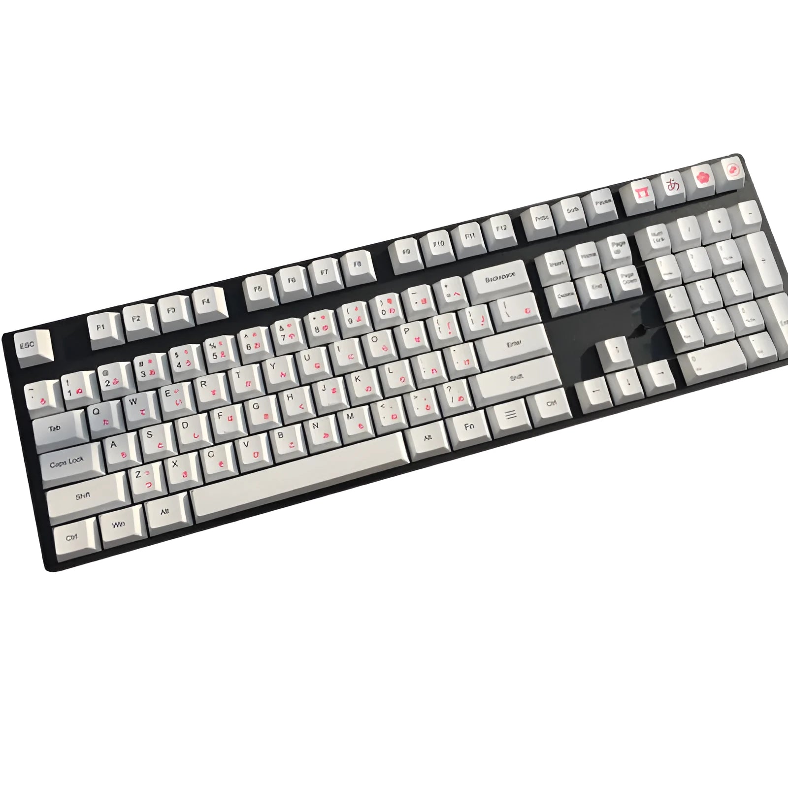 Set of PBT keyboard keycaps with Japanese, Russian, and Korean thermal sublimation legends, showing a five-sided spacebar.