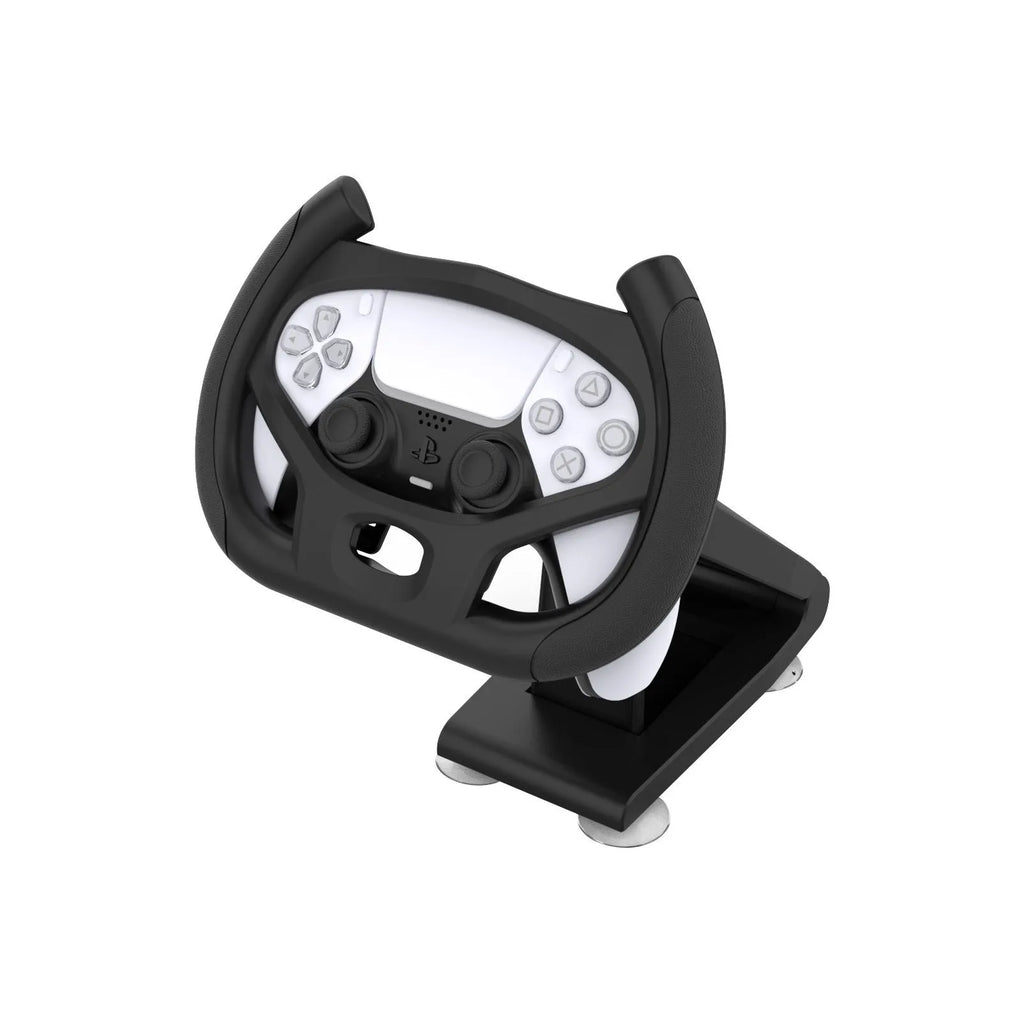 Black ABS plastic universal gamepad steering wheel bracket with a suction cup for mobile phones.