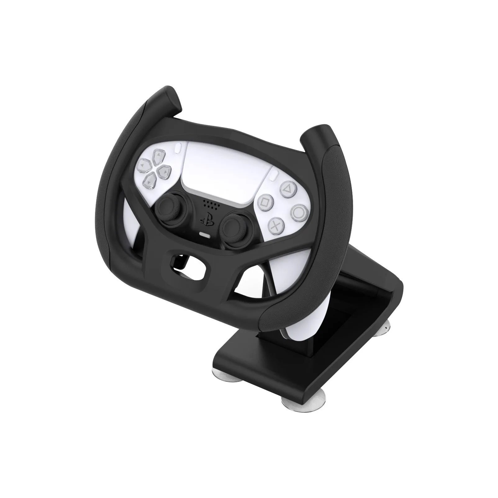 Black ABS plastic universal gamepad steering wheel bracket with a suction cup for mobile phones.