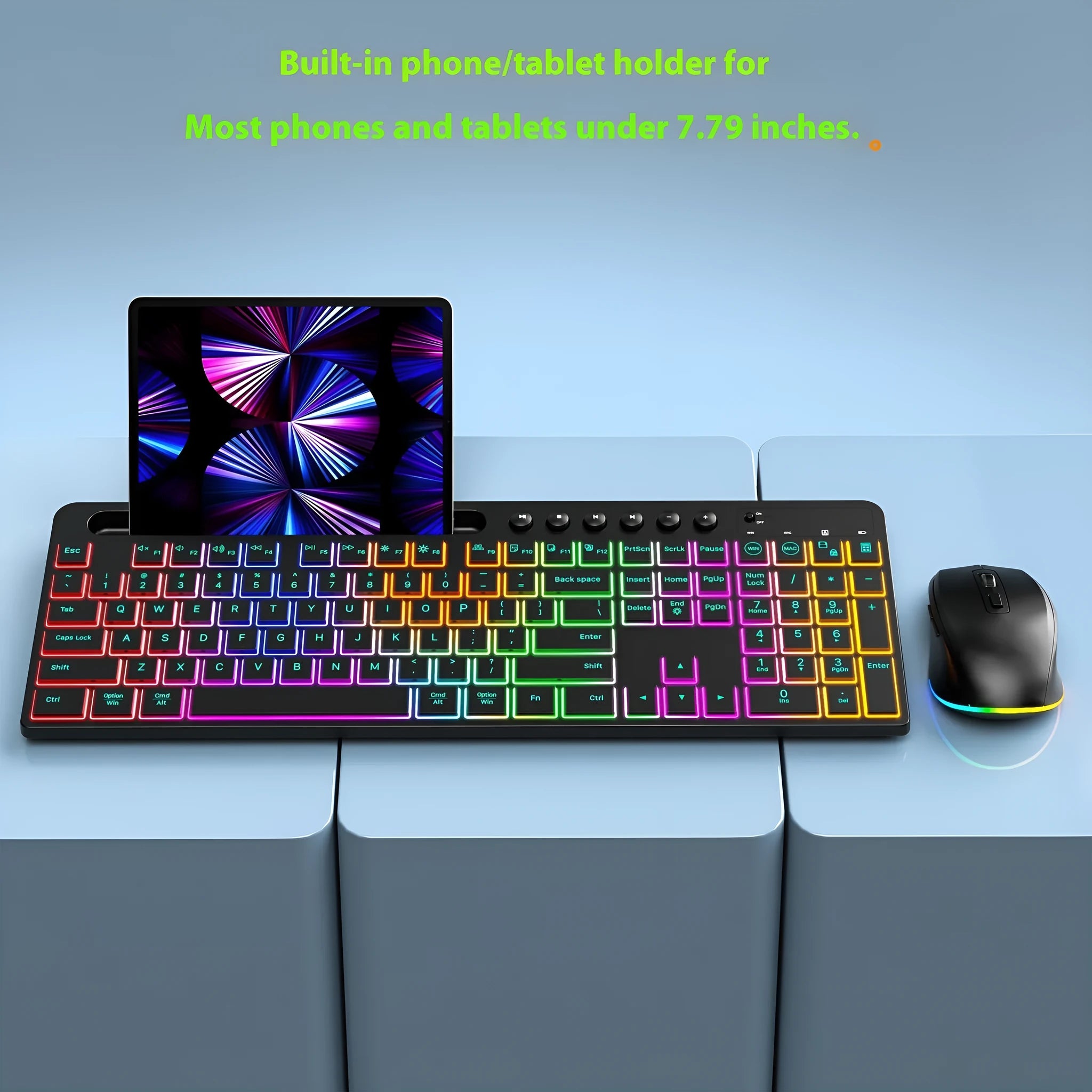Wireless keyboard and mouse combo set with luminous keys, card slot, and USB receiver on a desk.