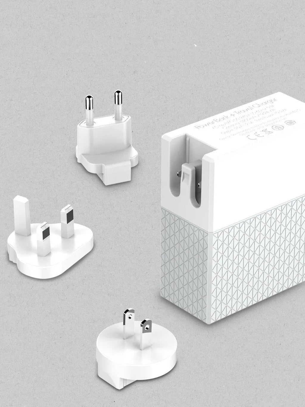 White two-in-one mobile power bank charger with built-in plug measuring 71.5mm