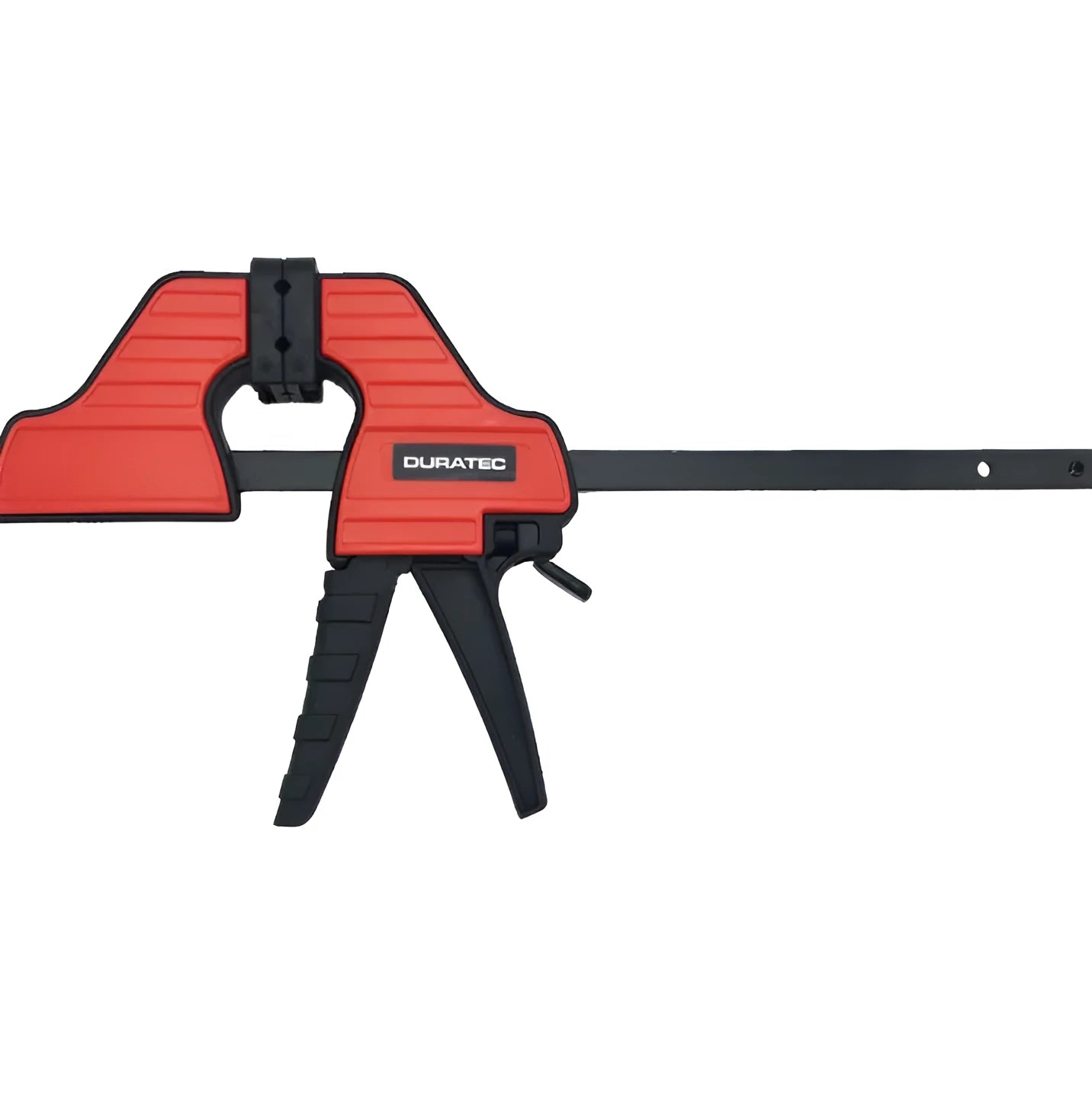 Black plastic one-handed ratcheting woodworking clamp with a quick-release trigger and soft rubber protective grips.