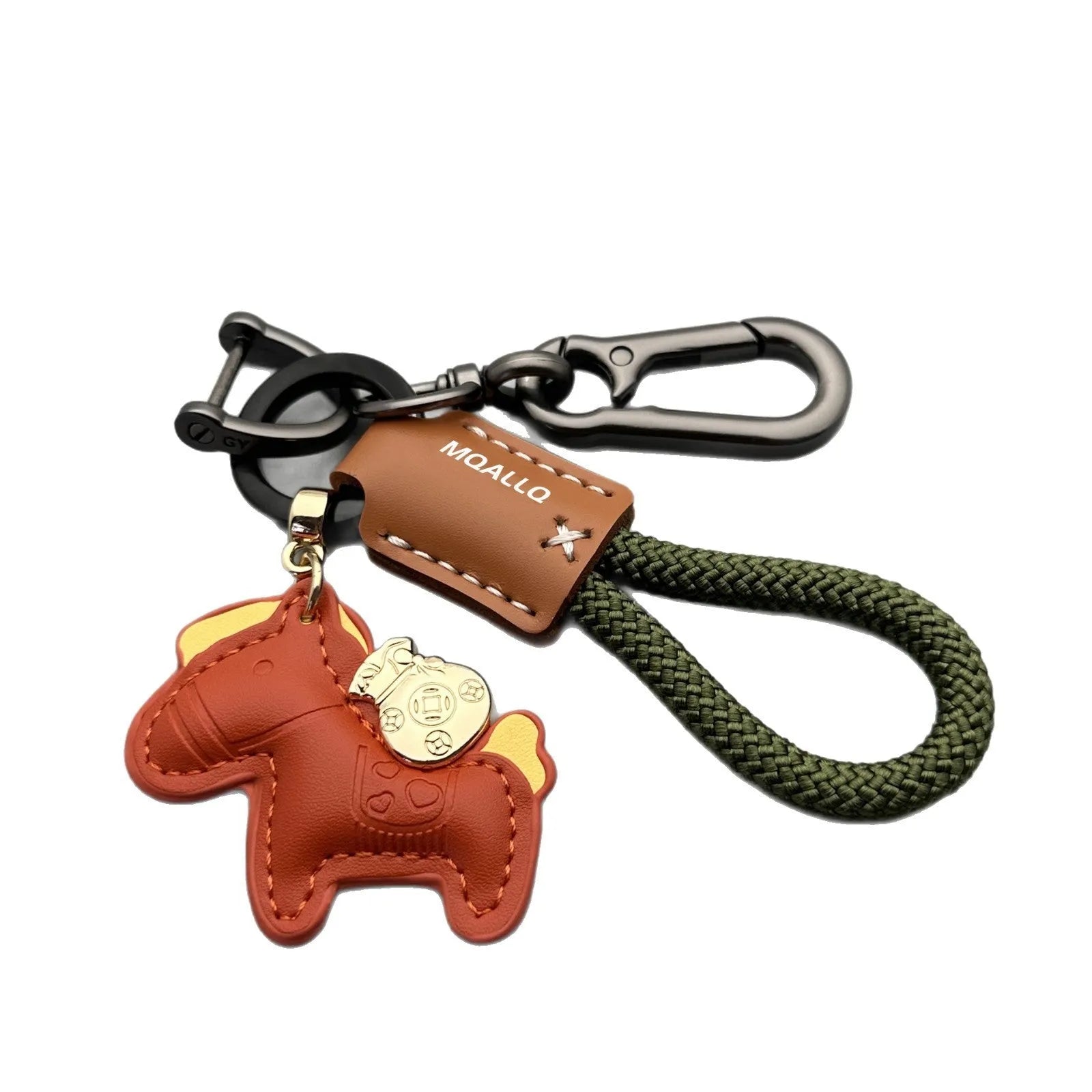 Handmade cowhide car key ring pendant with zinc alloy pony belt buckle charm and flanelle rope in various colours.