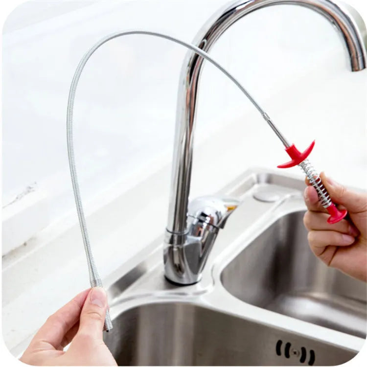 Flexible plastic and stainless steel drain cleaning spring tool with rubber grip for household pipe maintenance