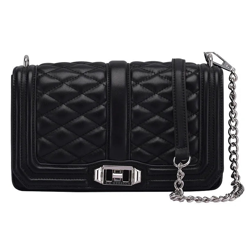 Women's shoulder chain bag in first layer cowhide with plaid pattern and chain strap, square shape