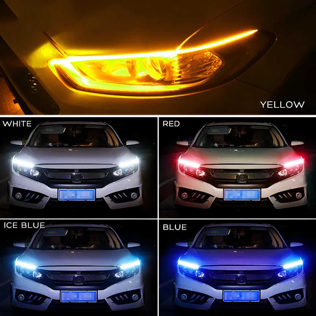 Silicone waterproof car LED strip for daytime running lights and flowing turn signals, showing wire connections.