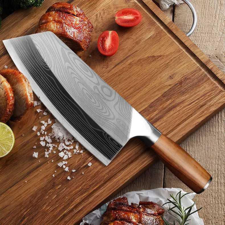 40cr13 stainless steel kitchen knife with a 320mm blade on a kitchen counter.