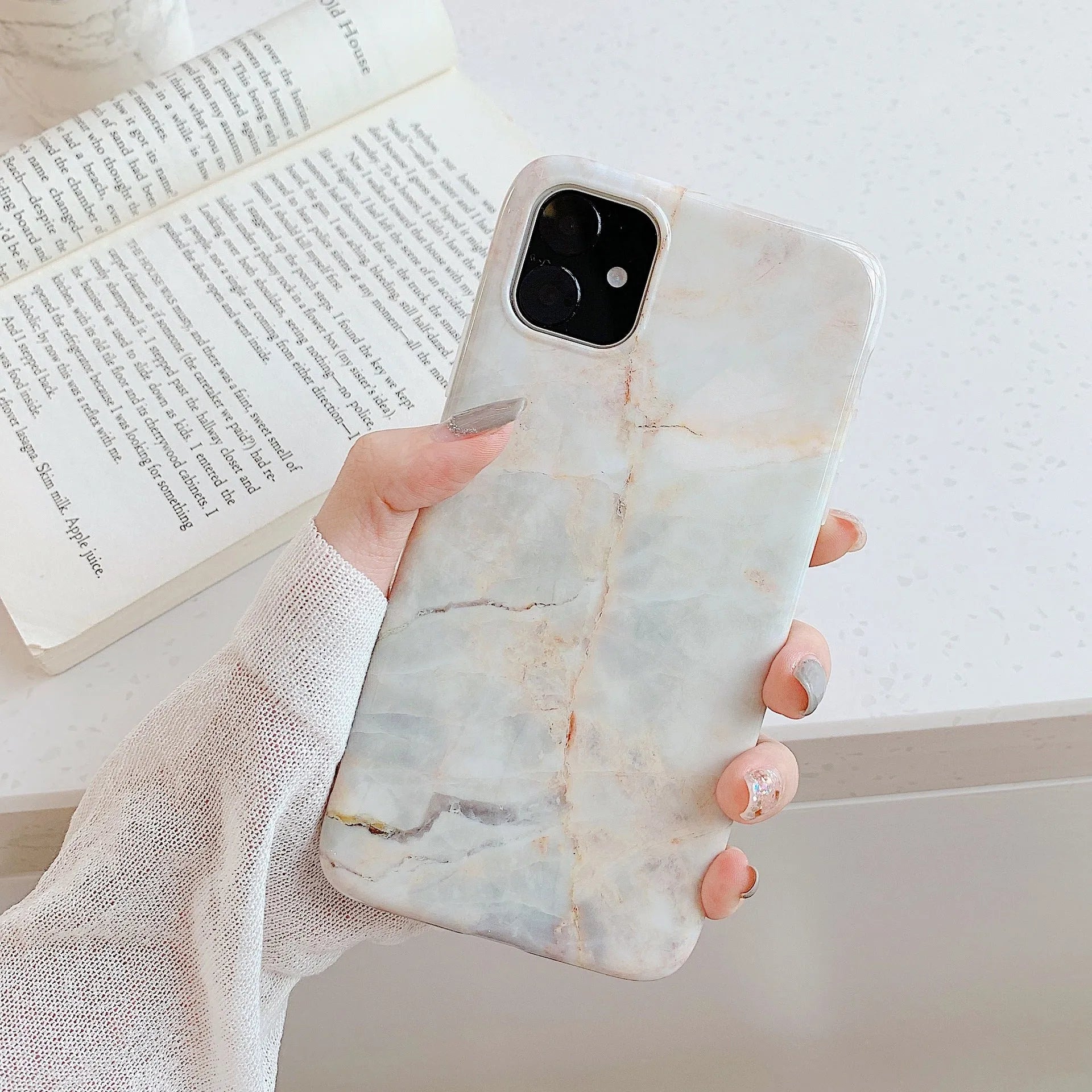 Frosty marble silicone phone case for iPhone, black back cover with geometric pattern