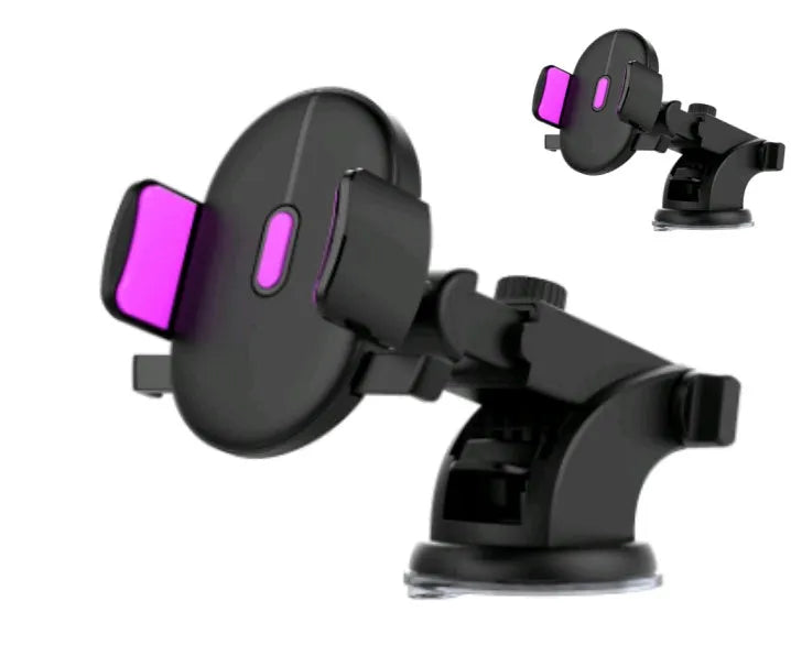 Black telescopic car phone holder with suction cup mount extended on a car dashboard.