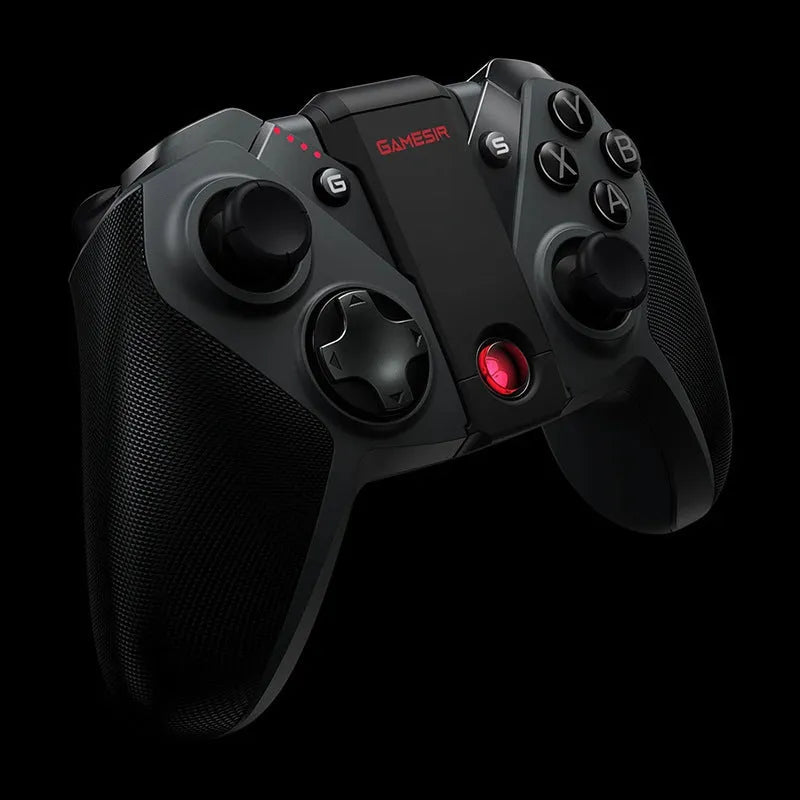 Black game console handle with USB Type-C connector on a dark background.