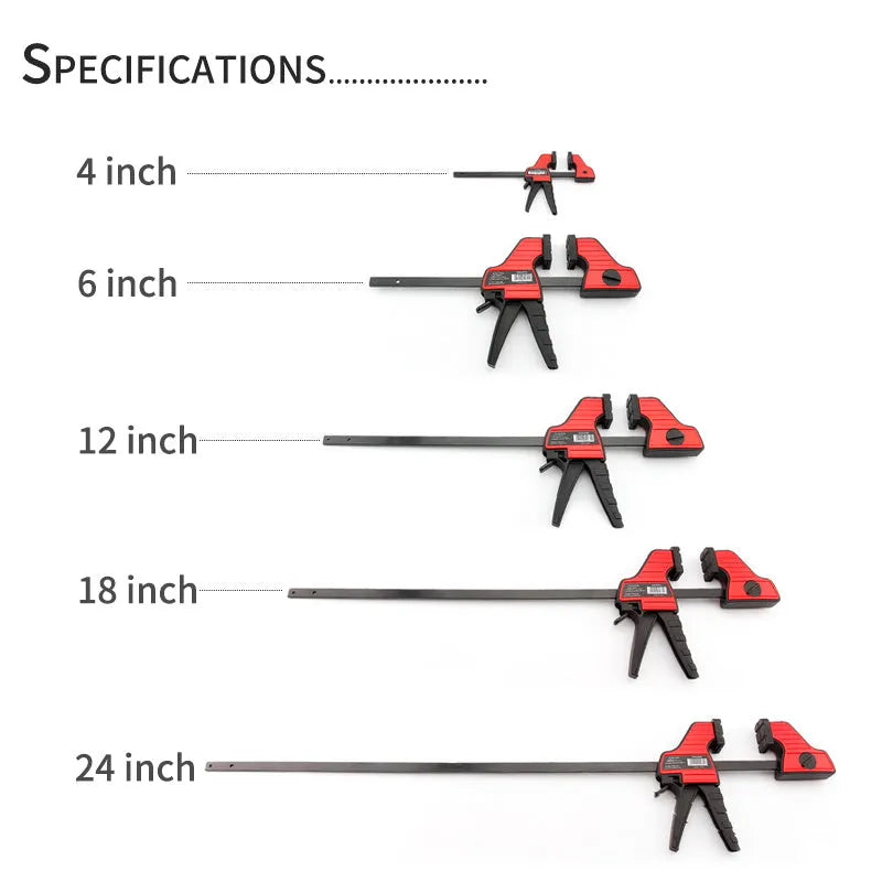 Black plastic one-handed ratcheting woodworking clamp with a quick-release trigger and soft rubber protective grips.