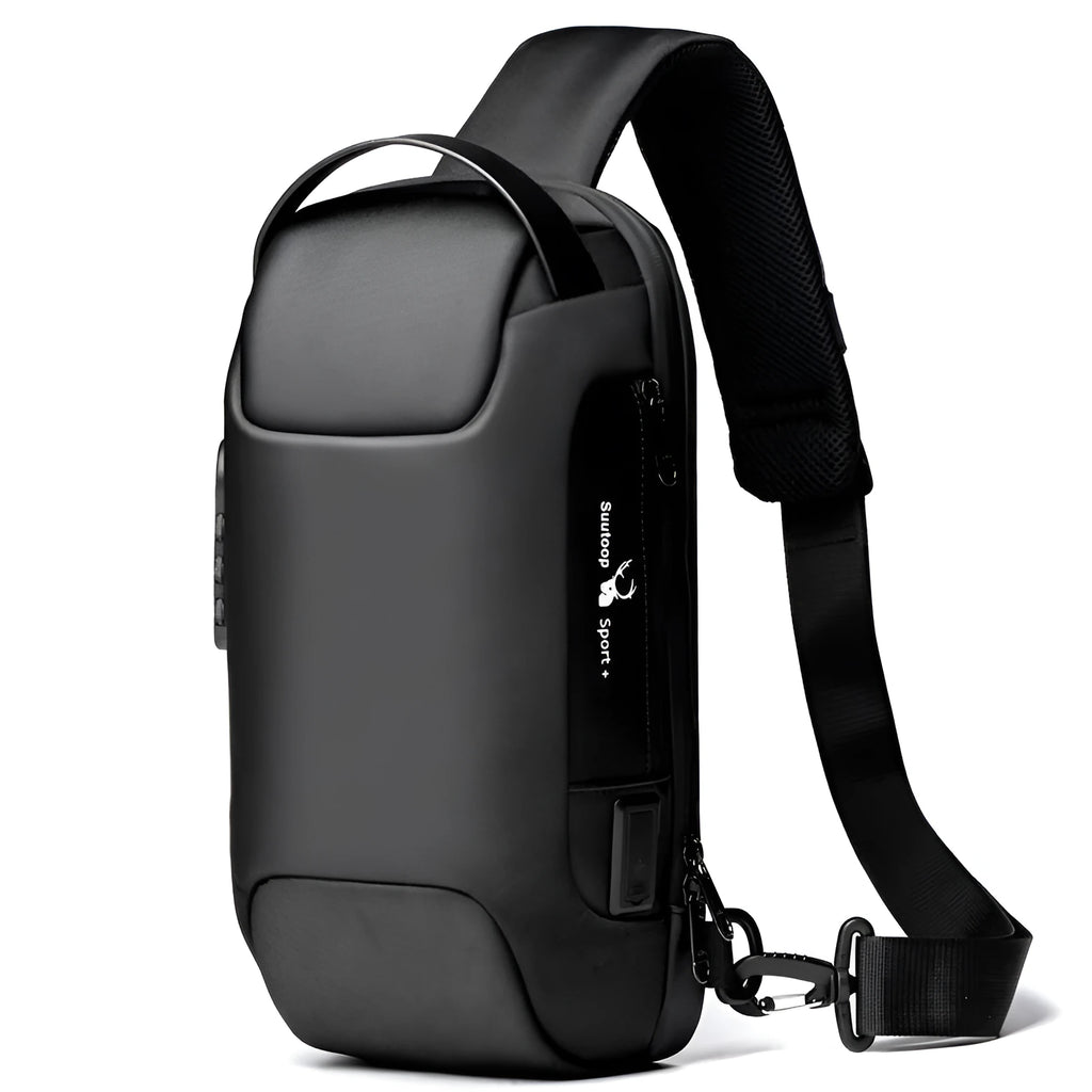 Men's anti-theft chest bag in Oxford cloth with combination lock and USB charging port, medium size, black colour