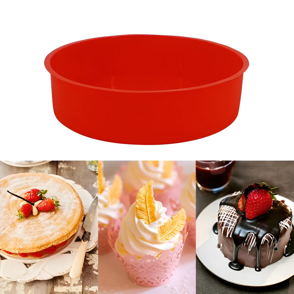 Red silicone round cake baking mould showing three size options for home baking