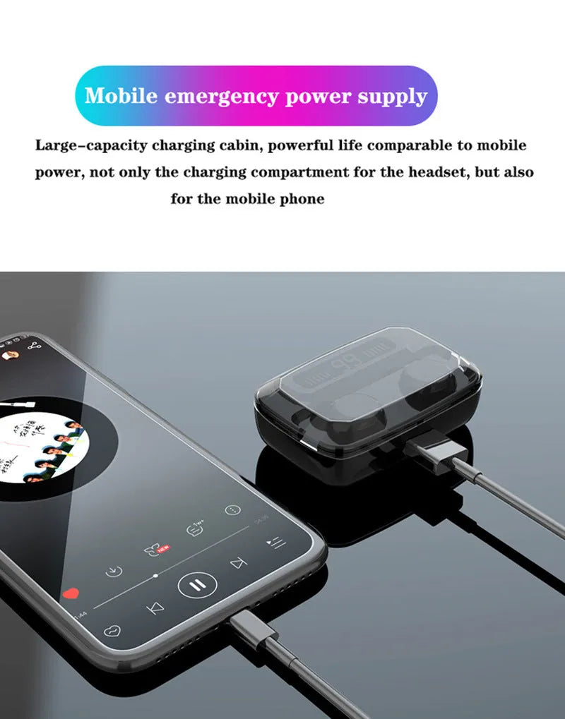 Black wireless Bluetooth headset with charging case showing digital power display and integrated mobile phone holder.