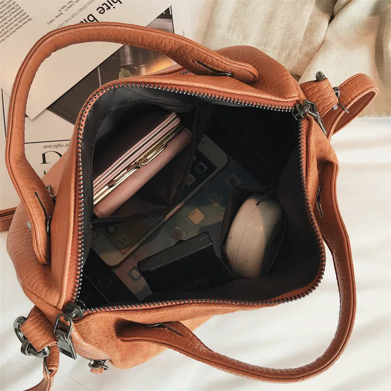 Large soft PU leather casual tote shoulder bag for women with zip closure