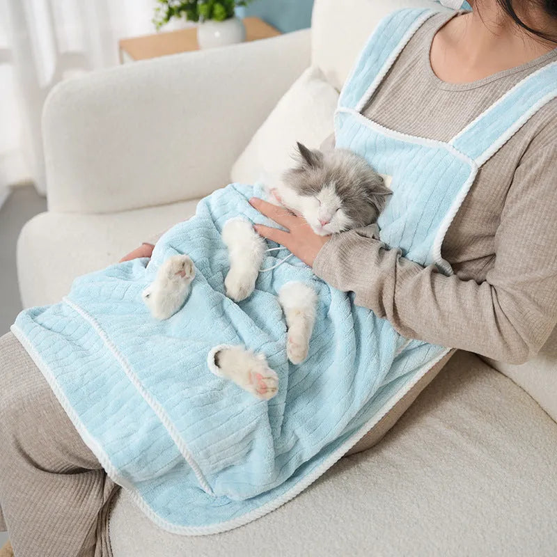 Cat petting apron in multiple colour options including pink, light blue, and striped patterns for grooming protection