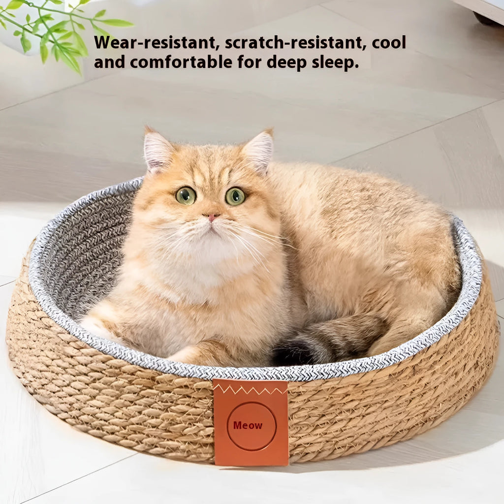 Natural rattan woven cat bed or pet nest available in small, medium, large, and extra-large sizes.