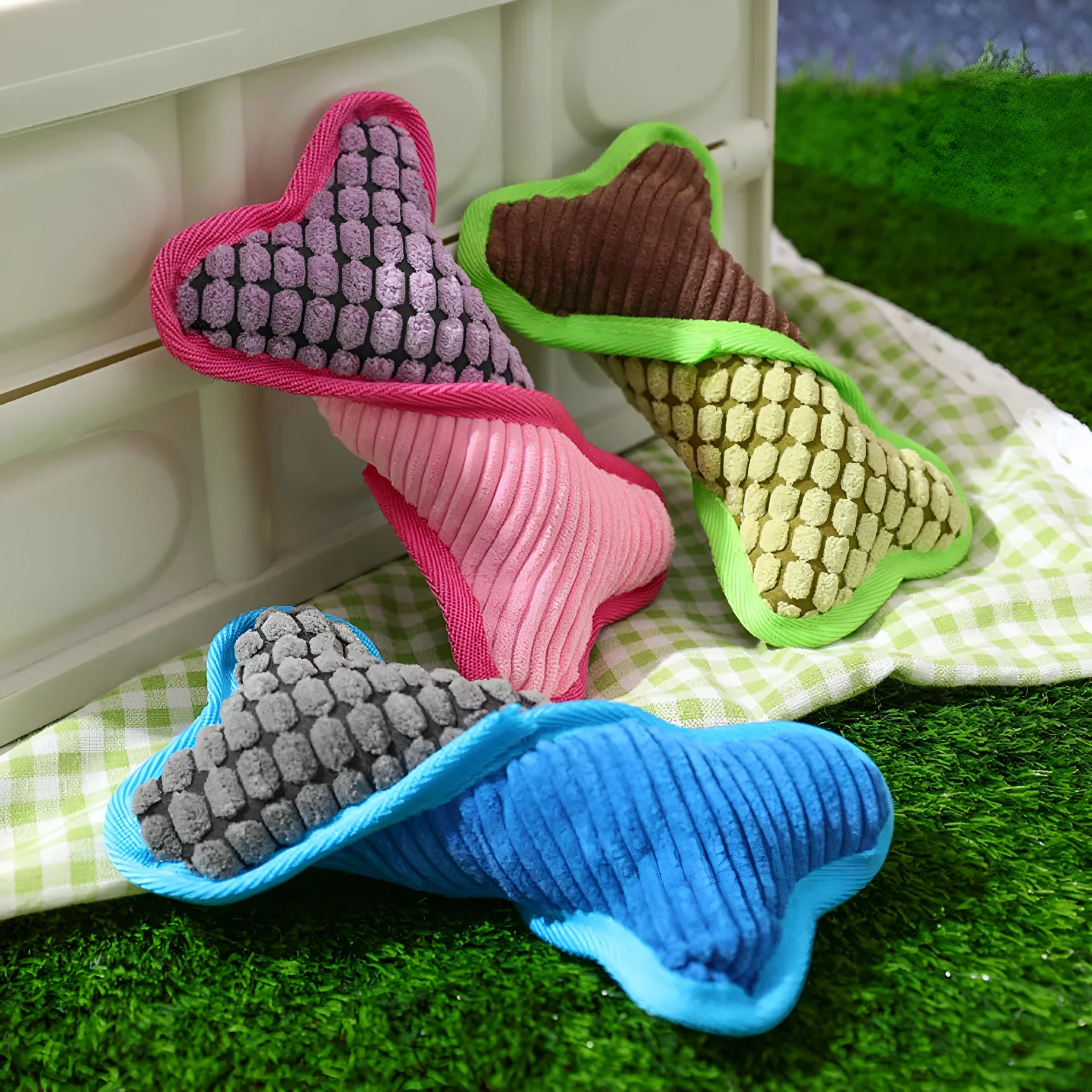Blue teddy dog toy with a sound bone model and soft corn fleece lining
